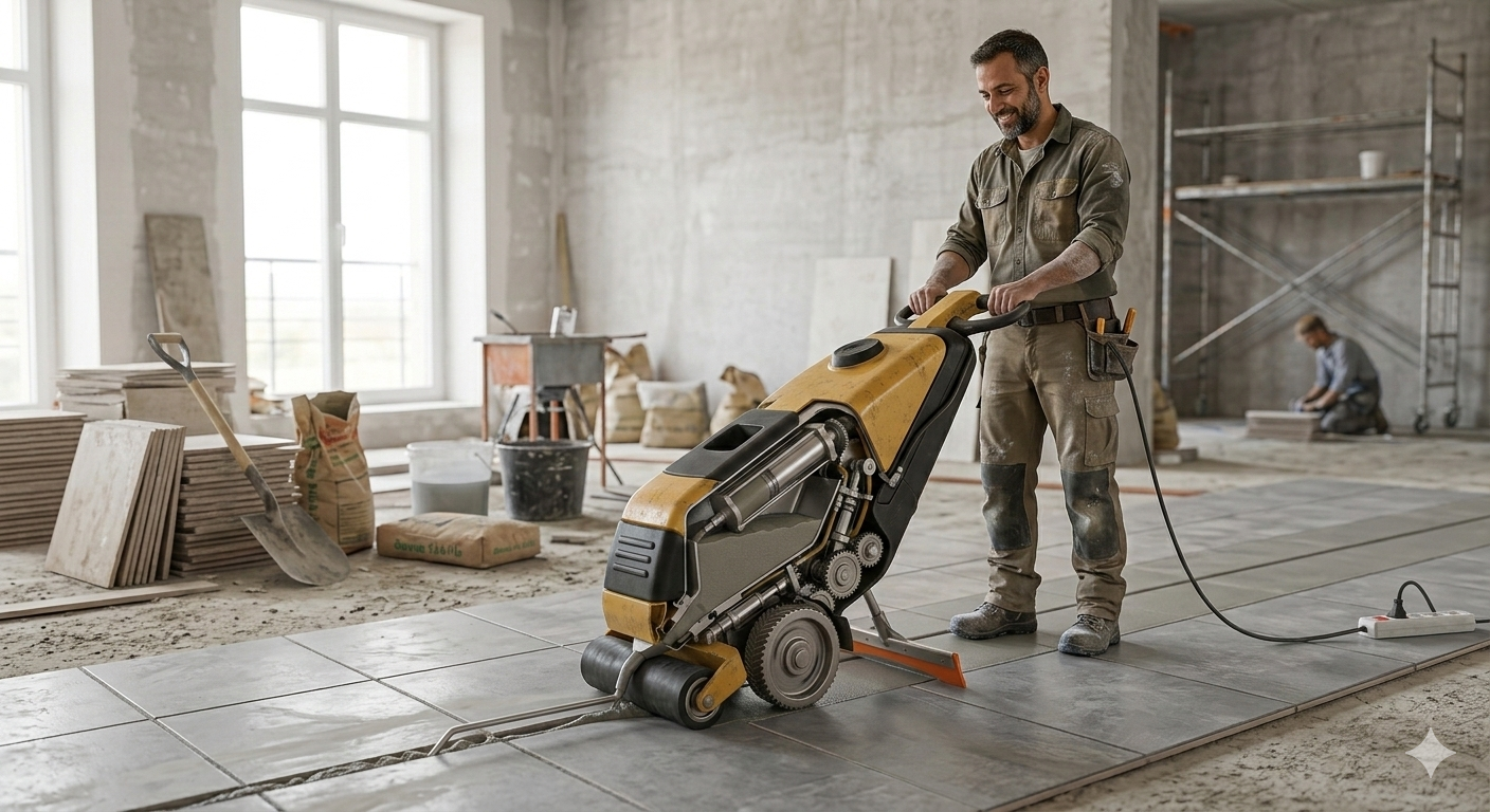 Smiling man using a yellow grouting machine to finish laying grey floor tiles on a construction site.