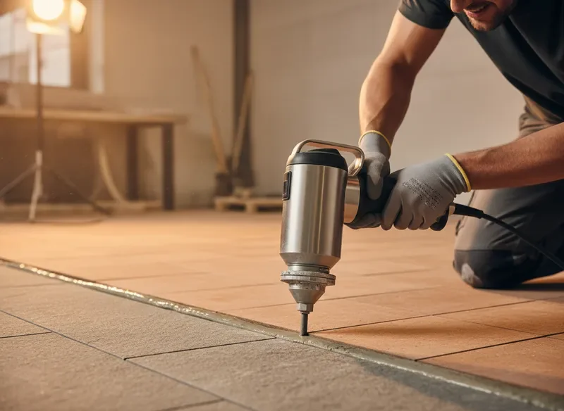 מרצף מקצועי משתמש במכשיר הזרקת רובה חשמלי בין מרצפות בפרויקט בנייה