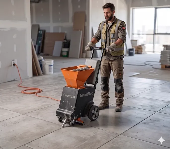 Professional tile craftsman using GROUTBOT machine for precise grout filling