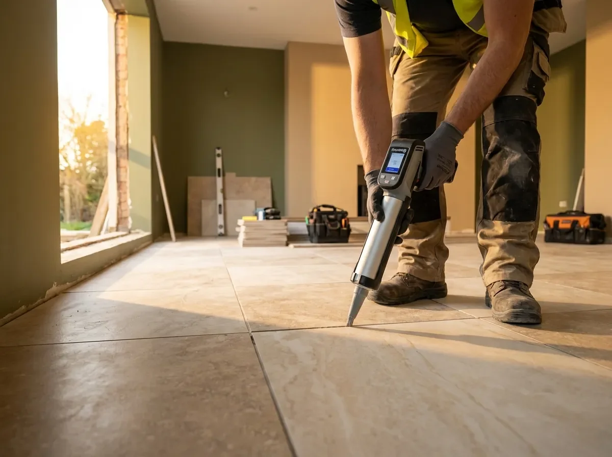 מקצוען מפעיל מכשיר הזרקת רובה חשמלי בין מרצפות גדולות