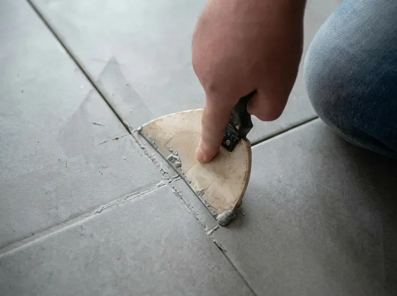 Professional tiler using electric grout injection device between tiles in construction project