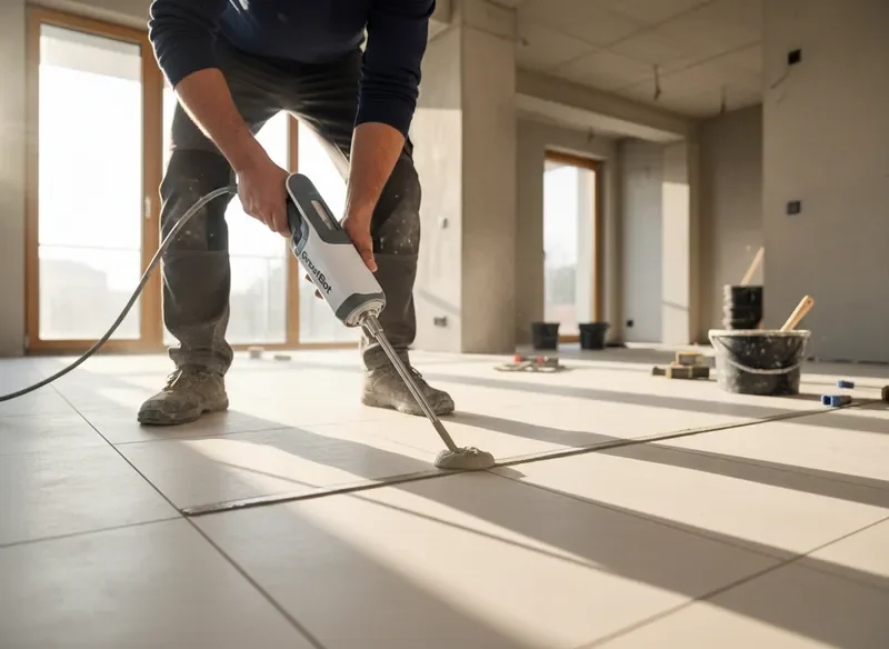 הזרקת רובה בין מרצפות בדירת מגורים עם מכשיר Groutbot החשמלי