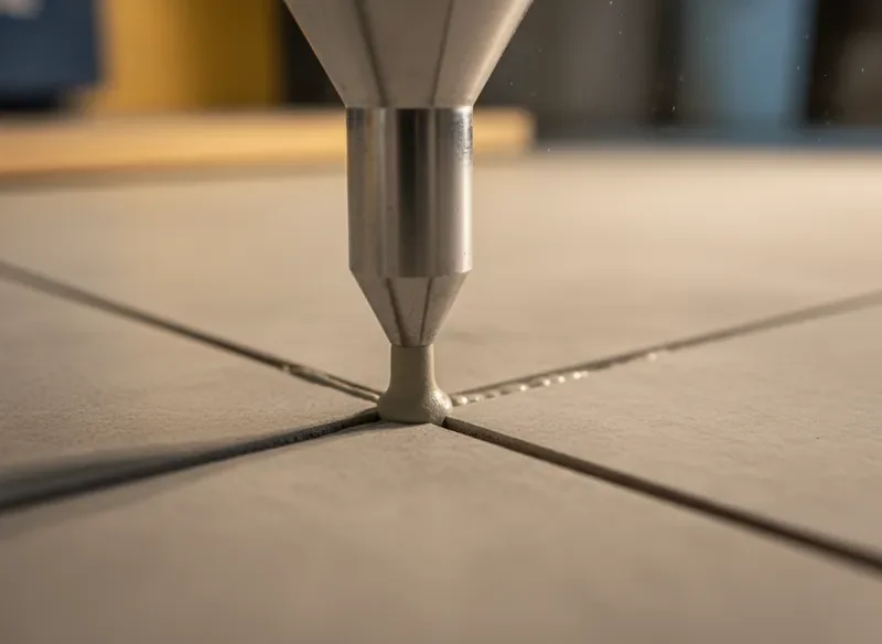 תקריב על ראש הזרקת הרובה של Groutbot בין מרצפות