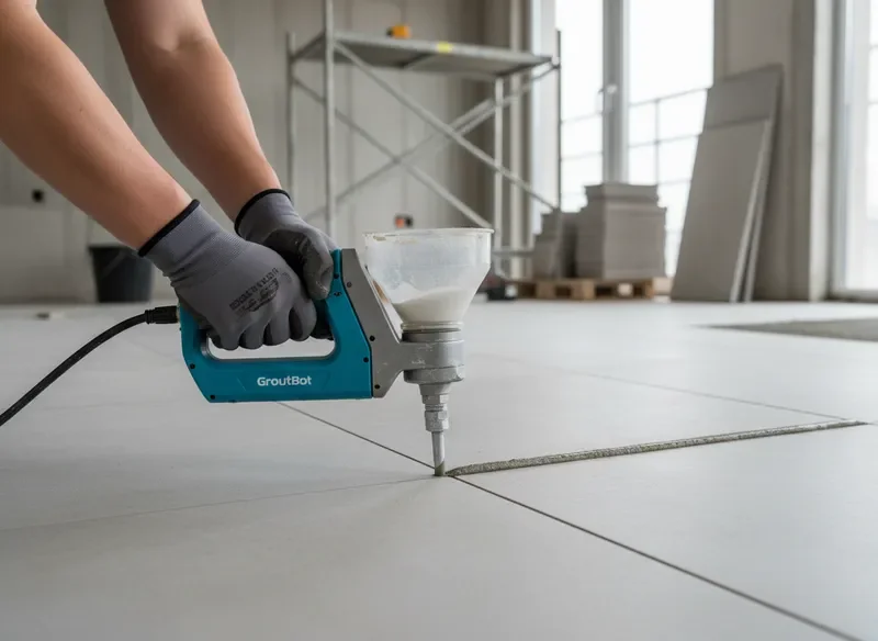 קבלן מפעיל את Groutbot ביד — הזרקת רובה בין אריחים